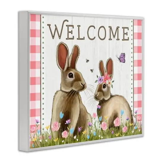 Stupell Industries Welcome Plaid Spring Garden Rabbits Framed Giclee Art White {4}