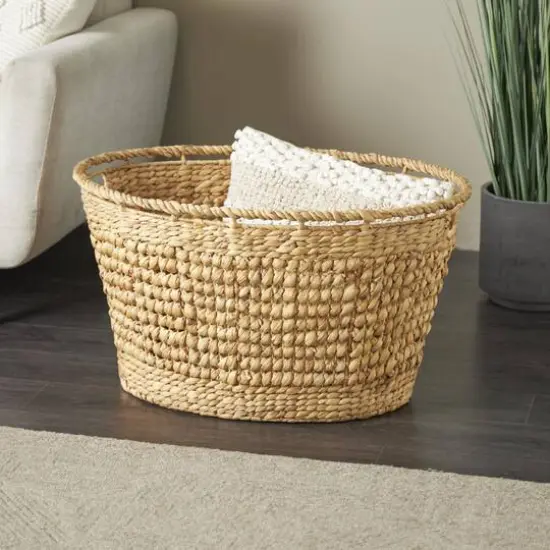 30" Brown Seagrass Handmade Woven Oval Storage Basket with Elevated Rim & Slot Handles {9}