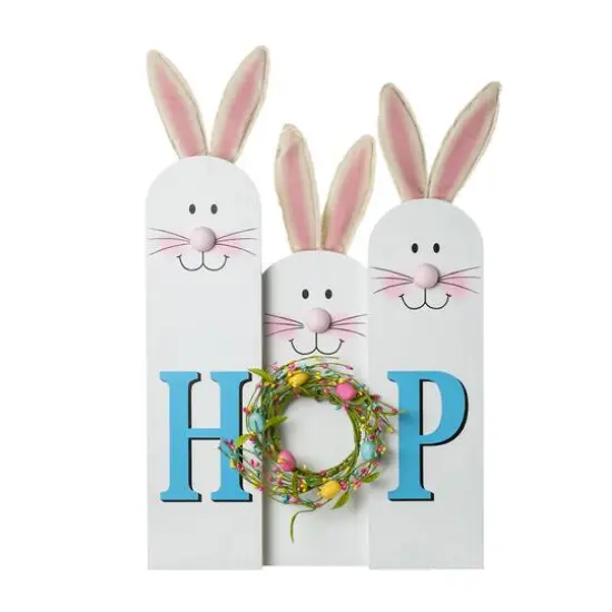 Glitzhome® 29.5" Easter Bunny Family HOP Wooden Porch Sign {6}
