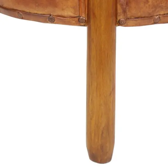 20" Brown Leather & Teak Traditional Stool {5}