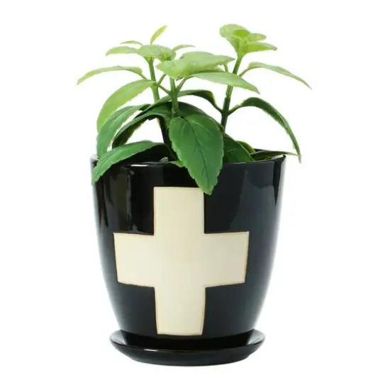 Hello Honey&reg; 6" Black Stoneware Planter with Saucer & Wax Relief White Swiss Cross Set {3}