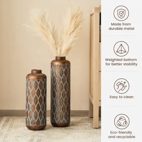 Glitzhome&reg; Antique Gold with Verdigris Finish Cylinder Metal Floor Vases Set {4}