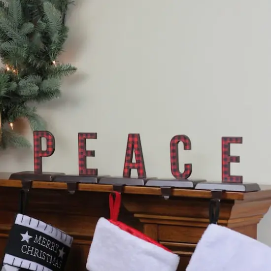 6" Red & Black Buffalo Plaid Peace Christmas Stocking Holder Set {4}
