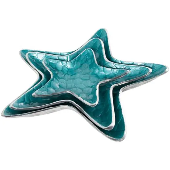 Blue Handmade Enameled Textured Aluminum Starfish Decorative Bowls Set {4}
