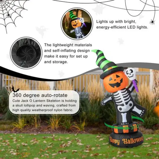 Glitzhome® 6ft. Lighted Halloween Jack-O'-Lantern Skeleton Rotating Inflatable Décor {5}