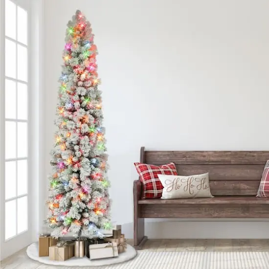 7.5ft. Pre-Lit Flocked Portland Pine Artificial Pencil Tree, Multicolor Lights {3}