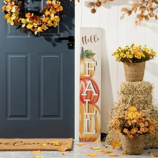 Glitzhome&reg; 3.5ft. Hello Fall Wooden Porch Sign {11}