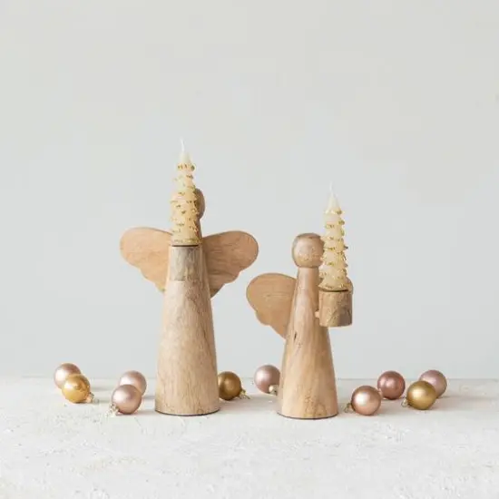 Hello Honey&reg; 8" Natural Mango Wood Angel Taper Candle Holder {4}
