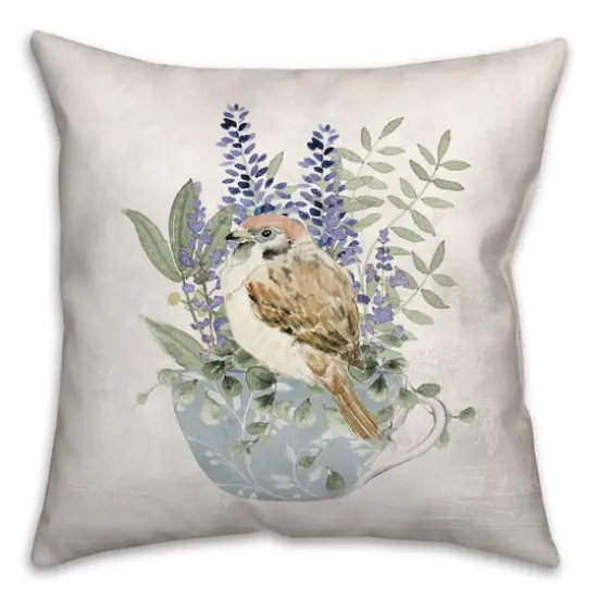 Floral Bird in Tea Cup Throw Pillow {1}