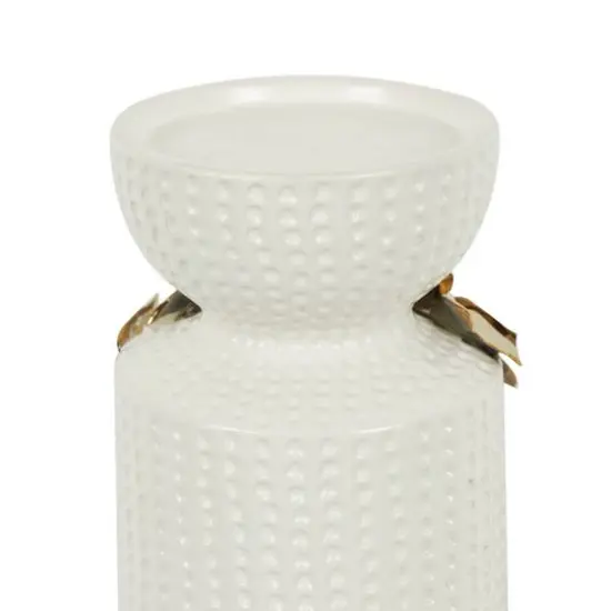 White Abstract Spotted Ceramic Pillar Candle Holder Set with Gold Leaf Accents {6}