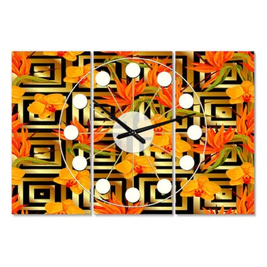 Designart 'Tropical Gold Luxury Pattern Iii Oversized Mid-Century Modern Multipanel Wall Clock {3}