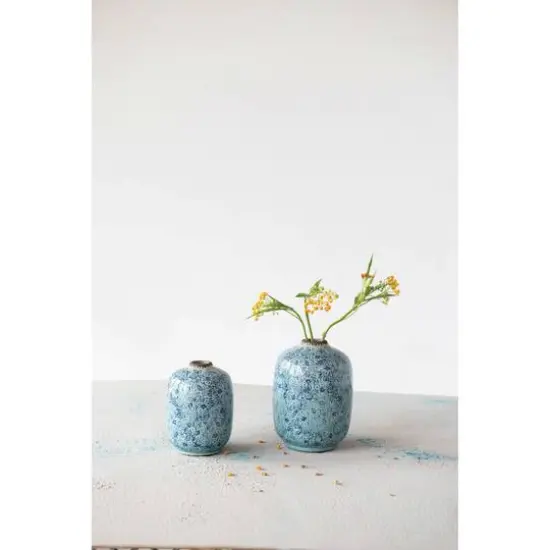 Hello Honey® 7" Distressed Blue Terracotta Vase with Floral Pattern {4}