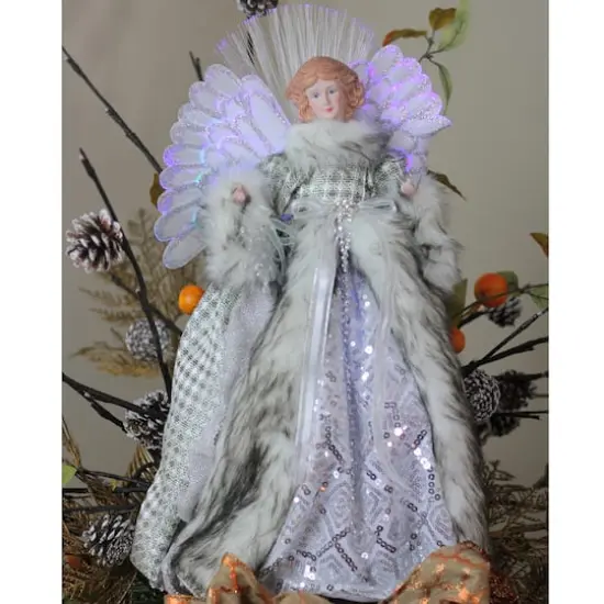 16" Lighted Fiber Optic Angel in Silver Gingham Coat Tree Topper {4}