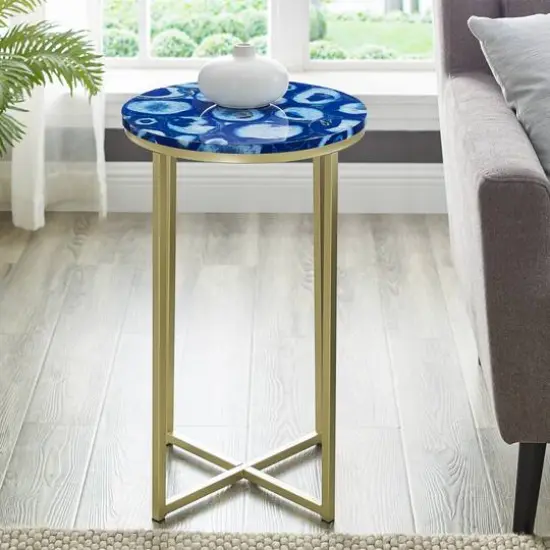 Walker Edison 16" Faux Stone Round Glam Side Table Faux Blue Agate/Gold {6}