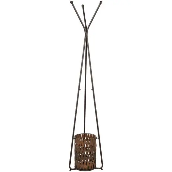 6ft. Brown Metal Geometric 3-Hanger Coat Rack with Basket {1}