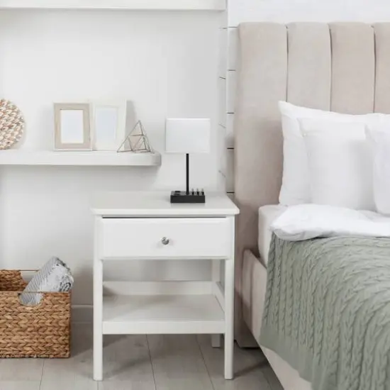 Simple Designs 15.3" Table Lamp with 2 USB Ports & Charging Outlet Black Base/White Shade {7}