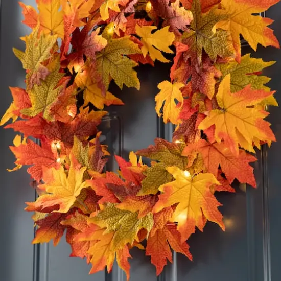 Glitzhome&reg; 24" Fall Lighted Maple Leaves Wreath with Timer {14}