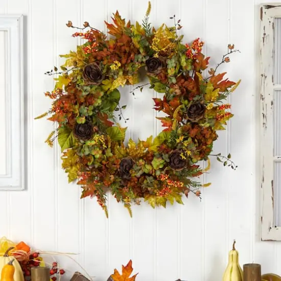 32" Hydrangea, Ranunculus & Maple Leaf Autumn Artificial Wreath {4}