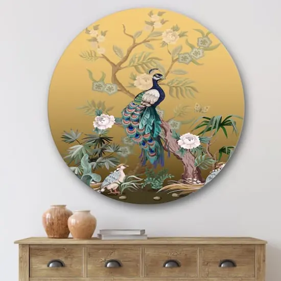 Designart - Chinoiserie With Birds and Peonies VI - Traditional Metal Circle Wall Art {4}