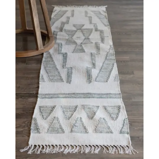 Hello Honey® Green & Cream Cotton & Wool Kilim Floor Runner, 8ft. x 2ft. {3}