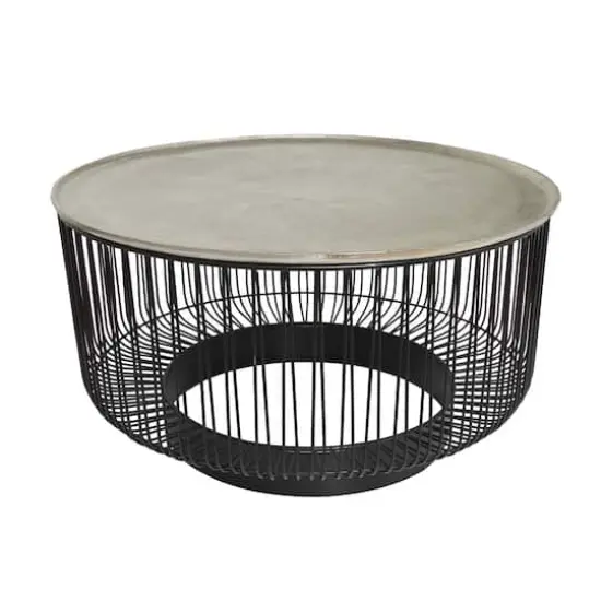 30" Black Metal Open Frame Wire Geometric Coffee Table with Silver Aluminum Top {1}