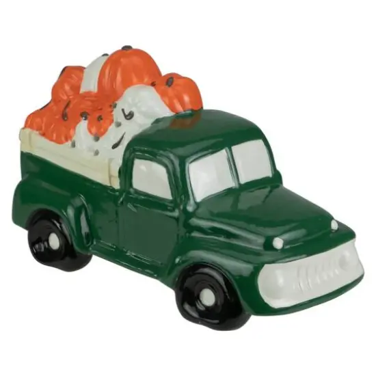 9.5" LED Lighted Green Ceramic Truck Hauling Pumpkins Autumn Harvest Decoration {1}