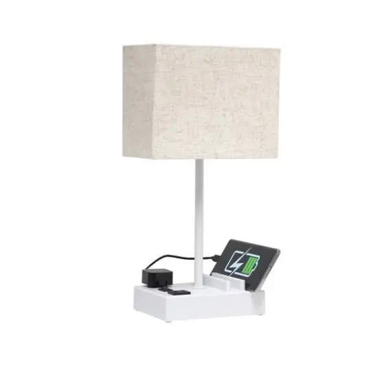 Simple Designs 15.3" Table Lamp with 2 USB Ports & Charging Outlet White Base/Beige Shade {8}