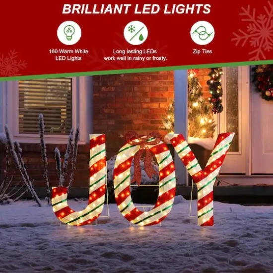 Glitzhome&reg; 70.75"L Lighted Christmas 2.5D Fabric Peppermint JOY Outdoor Decor Set {3}