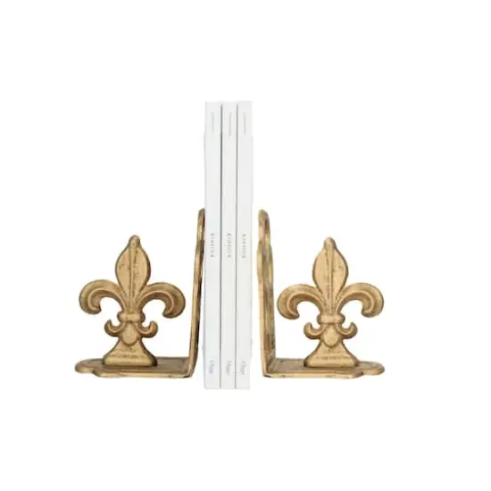 Hello Honey® 10" Fleur de Lis Shaped Iron Bookend Set Distressed Gold {3}