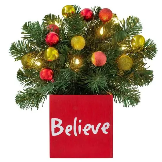14" LED Believe Classic Greenery In Red Wood Container {1}