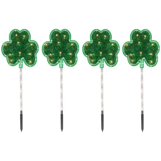 4ct Green Shamrock St Patrick's Day Pathway Marker Lawn Stakes Clear Lights {1}