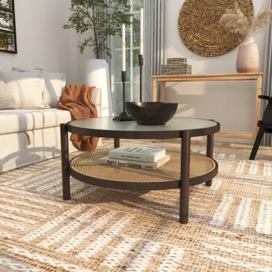 34" Brown Rattan Coffee Table with Pressed Tempered Glass Top {10}