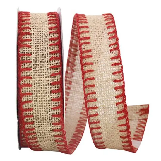 JAM Paper 1.5" x 10yd. Natural & Red Stitched Burlap Wired Ribbon {1}