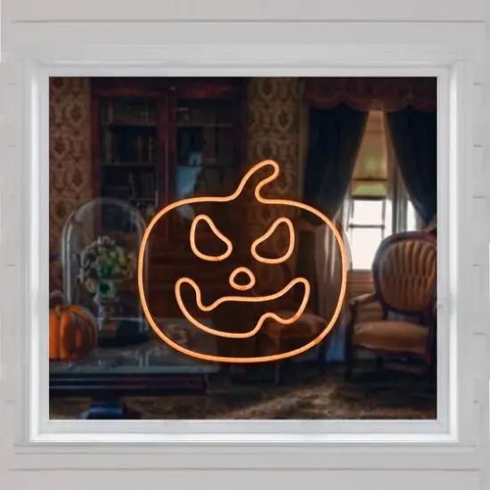 15" Orange LED Neon Style Jack-O-Lantern Halloween Window Silhouette {3}