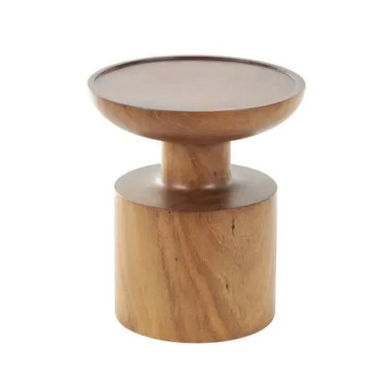 17.75" Brown Wood Handmade Accent Table with Cylinder Block Base {9}