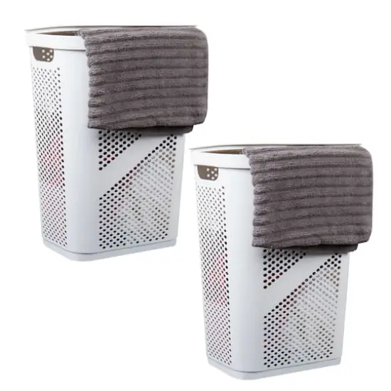 Mind Reader 60L Ventilated Slim Laundry Hamper with Cut Out Handles & Hinged Lid, 2ct. White {1}