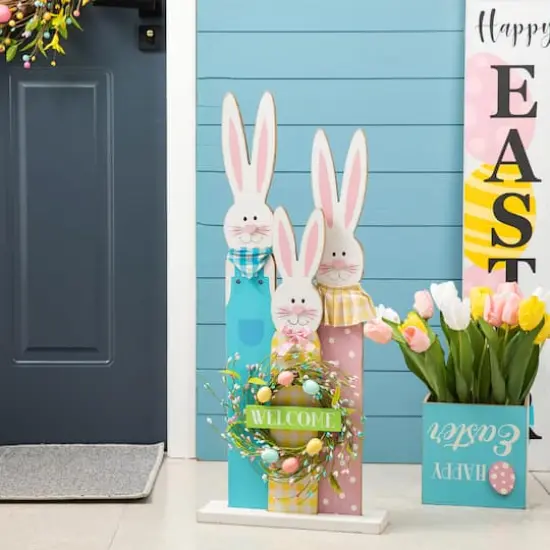 Glitzhome&reg; 30" Easter Wooden Bunny Family Standing D&eacute;cor {3}