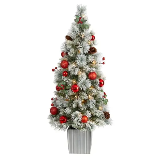 4ft. Pre-Lit Winter Flocked Artificial Christmas Tree in Decorative Planter, White LED Lights {1}