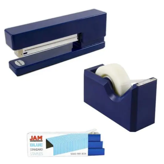 JAM Paper Stapler, Tape Dispenser & Staples Office Trio Kit Navy Blue/Blue {1}