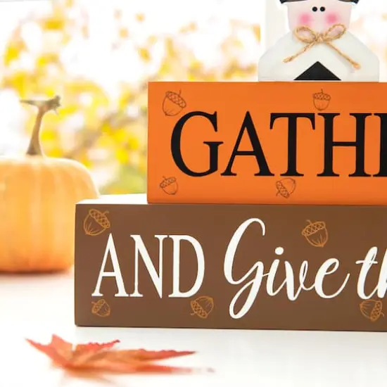 Glitzhome&reg; 9.5" Thanksgiving Wooden Pilgrim Table Block Sign {5}