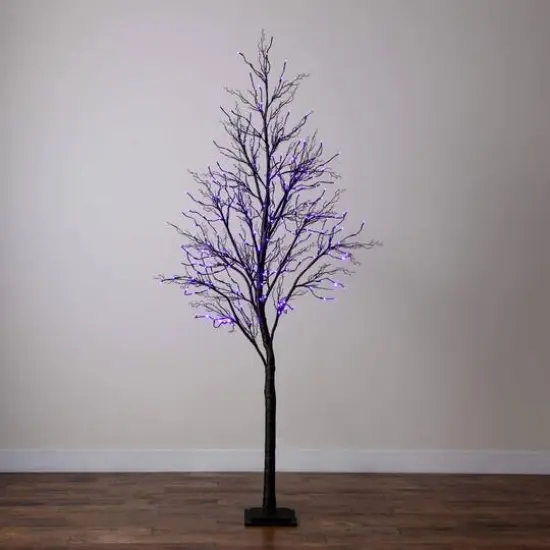 8ft. Pre-Lit Halloween Deluxe Black Twig Artificial Tree with 216 Orange & Purple LED Lights {11}
