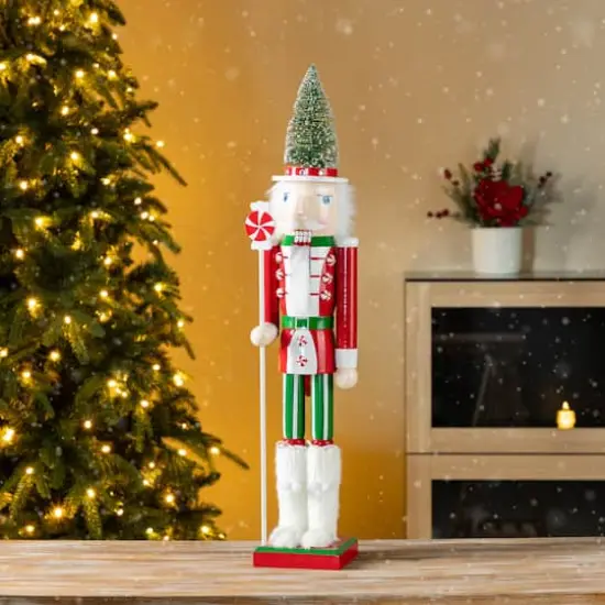Glitzhome&reg; 26"H Wooden Christmas Green Brush Tree Nutcracker {3}