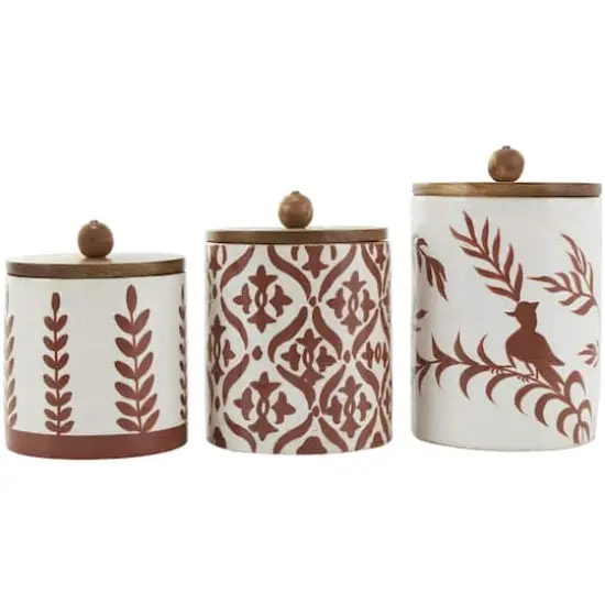 Cream & Brown Ceramic Floral Canister Set with Lids {1}