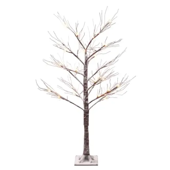 4ft. Pre-Lit Flocked Brown Artificial Twig Tree, White Lights {1}