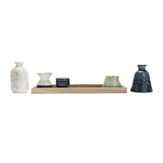 Hello Honey&reg; Multicolor Reactive Glaze Mango Wood Tray With Taper Holder and 4 Vases Set {4}