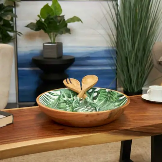 Mango Wood Decorative Bowl with Serving Utensils Set Green {3}