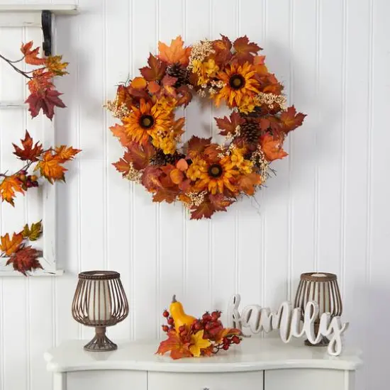 28" Autumn Maple Leaves, Sunflower, White Berries & Pinecones Wreath {3}
