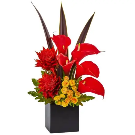 22.5" Red & Orange Tropical Floral & Calla Lily Mixed Arrangement in Vase {1}