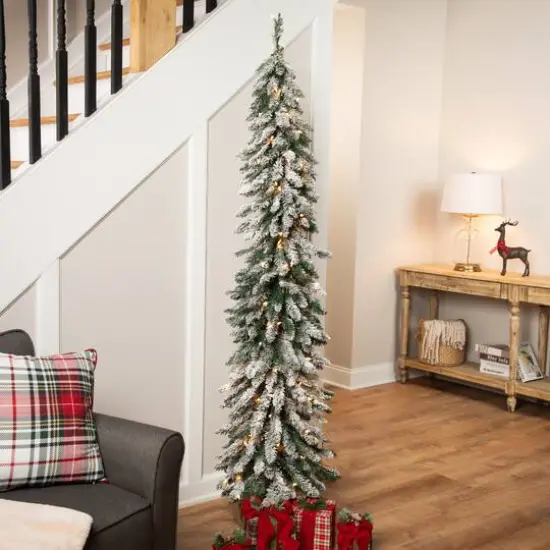 6ft. Pre-Lit Pencil Flocked Alpine Artificial Christmas Tree, Clear Lights {3}