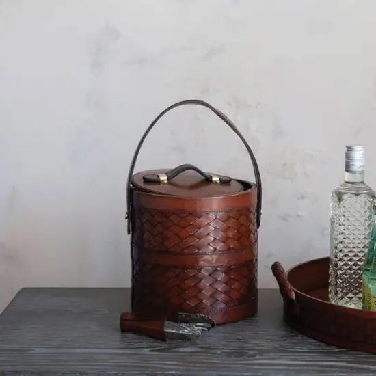 Hello Honey 2.5 Quart Reclaimed Wood, Woven Leather and Removable Stainless Steel Ice Bucket with Handle and Tongs, Cognac Color {3}